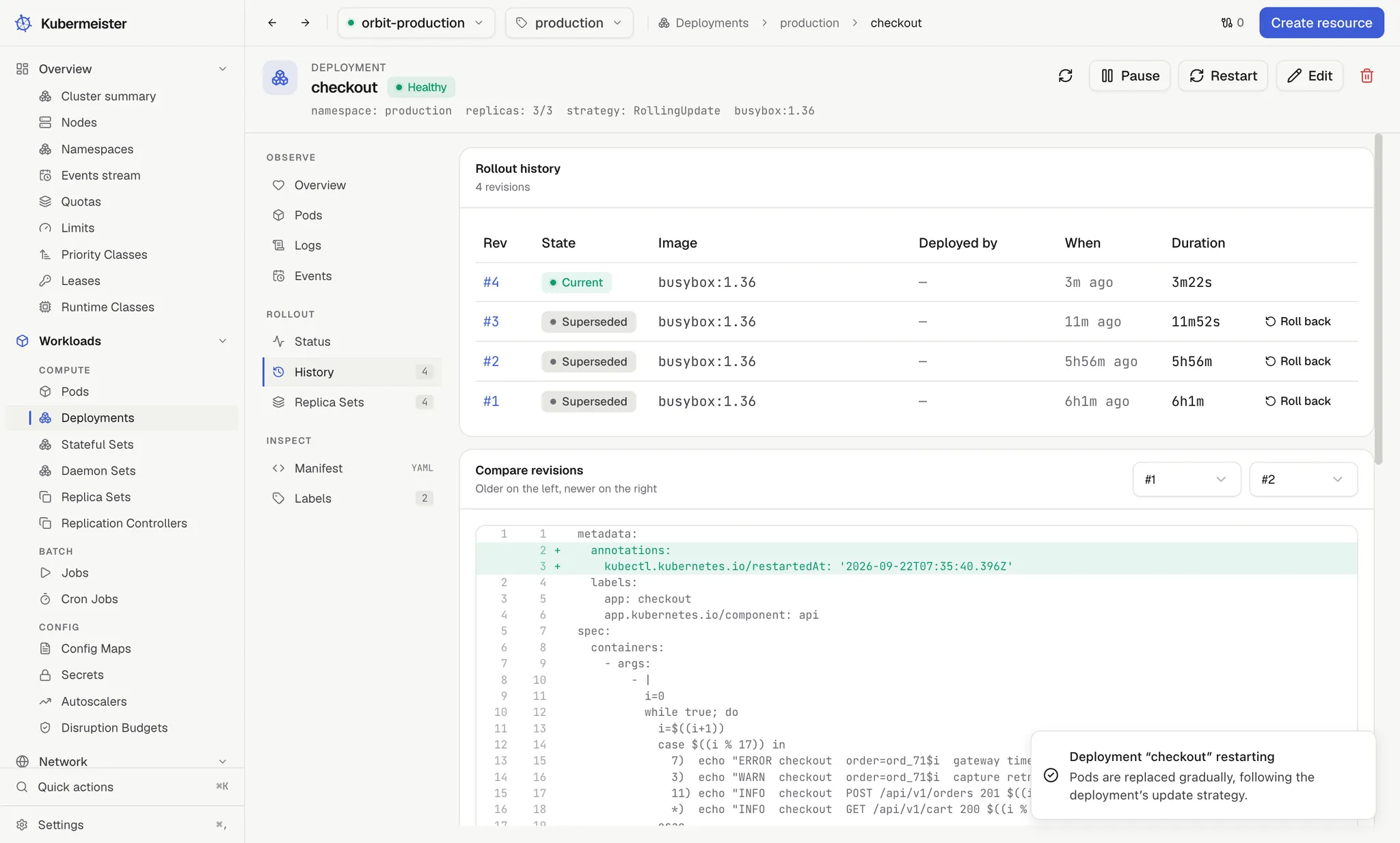Two deployment revisions compared side by side, with the one added environment variable marked.