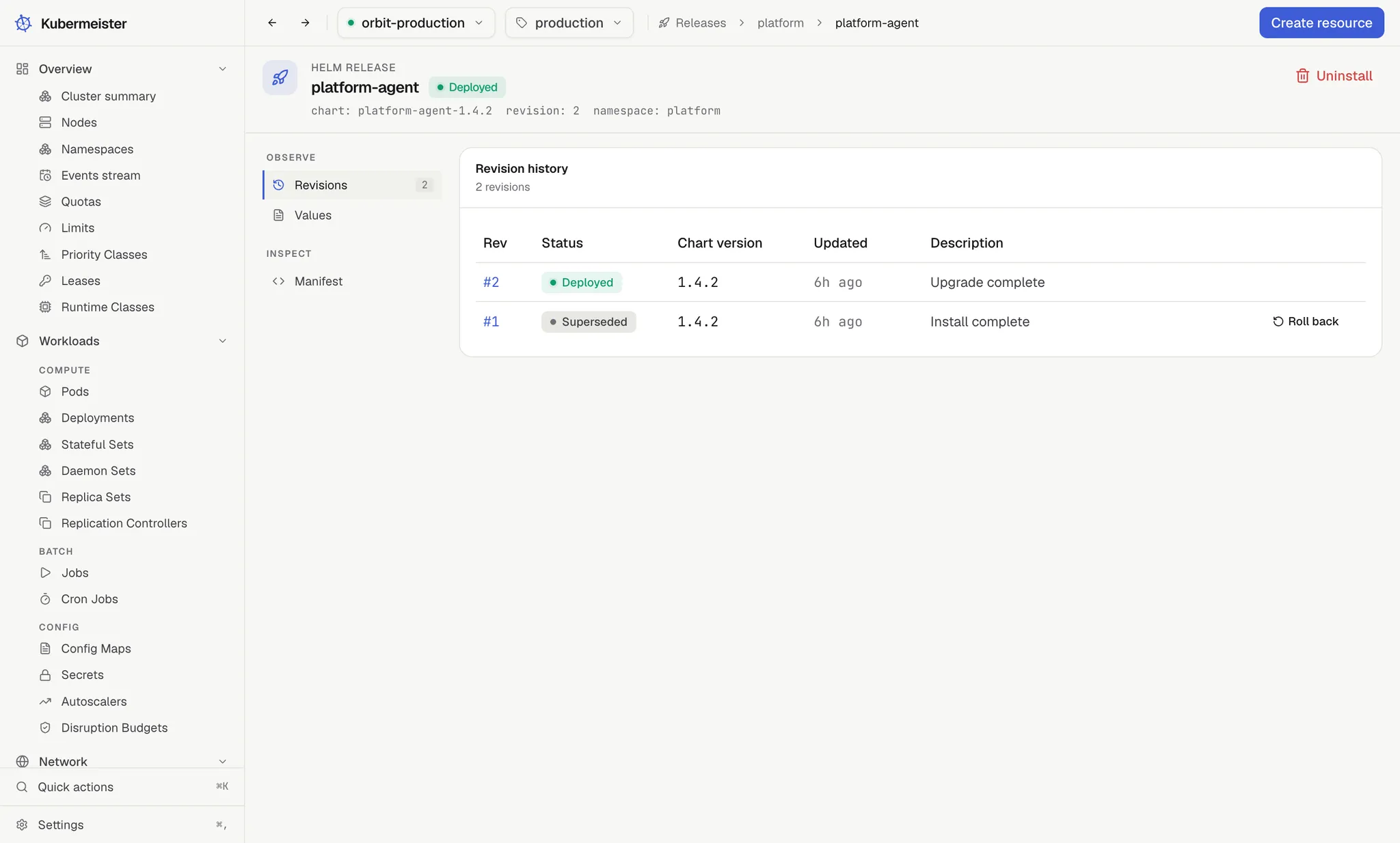 The Kubermeister Helm releases list, showing a release and its revision.