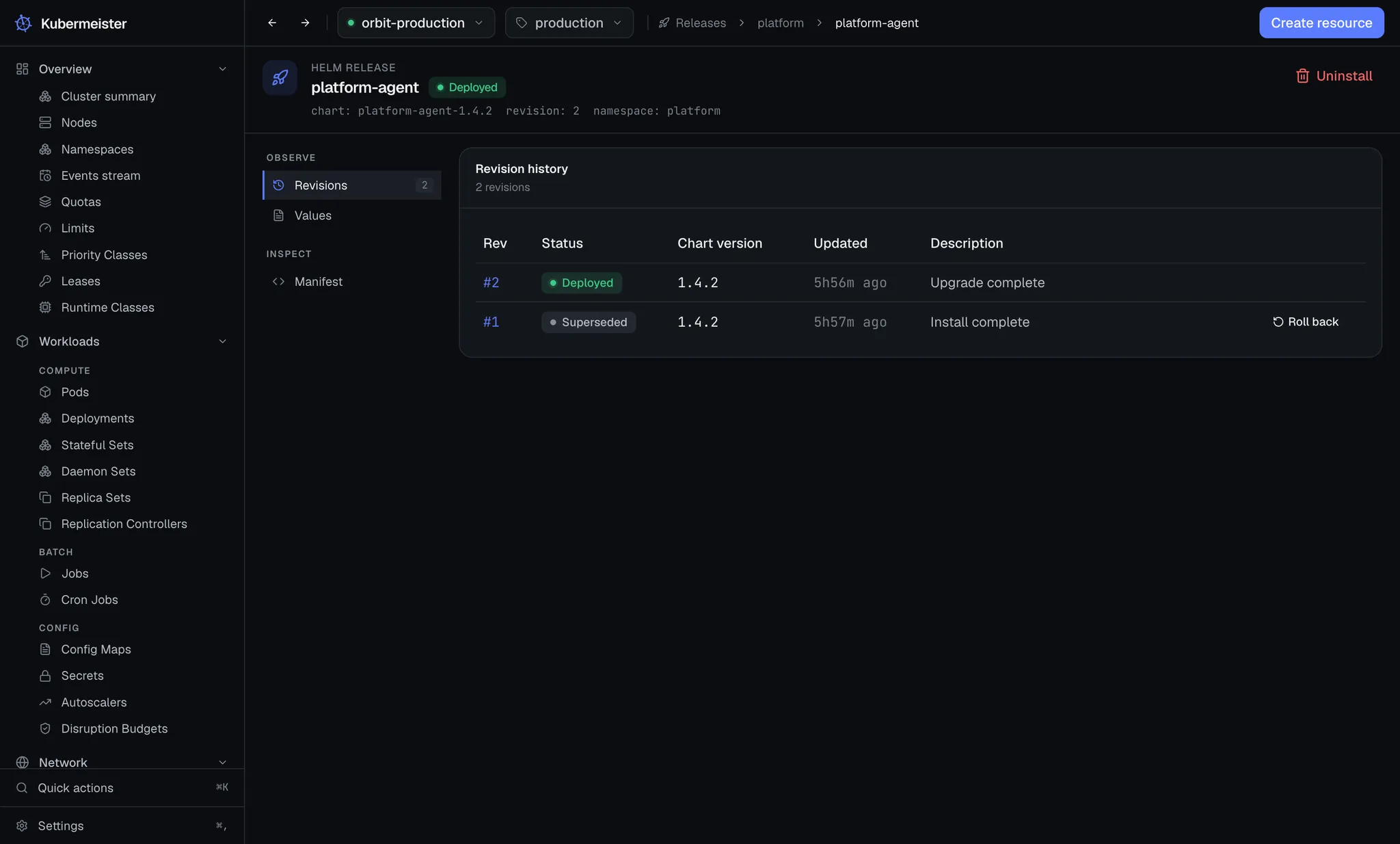 The Kubermeister Helm releases list, showing a release and its revision.