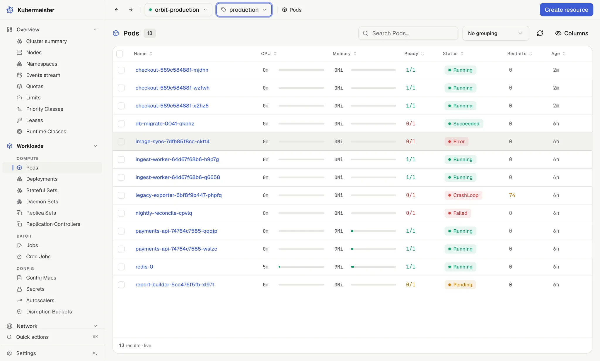 The Kubermeister pods list, live, with CPU and memory meters on each row.