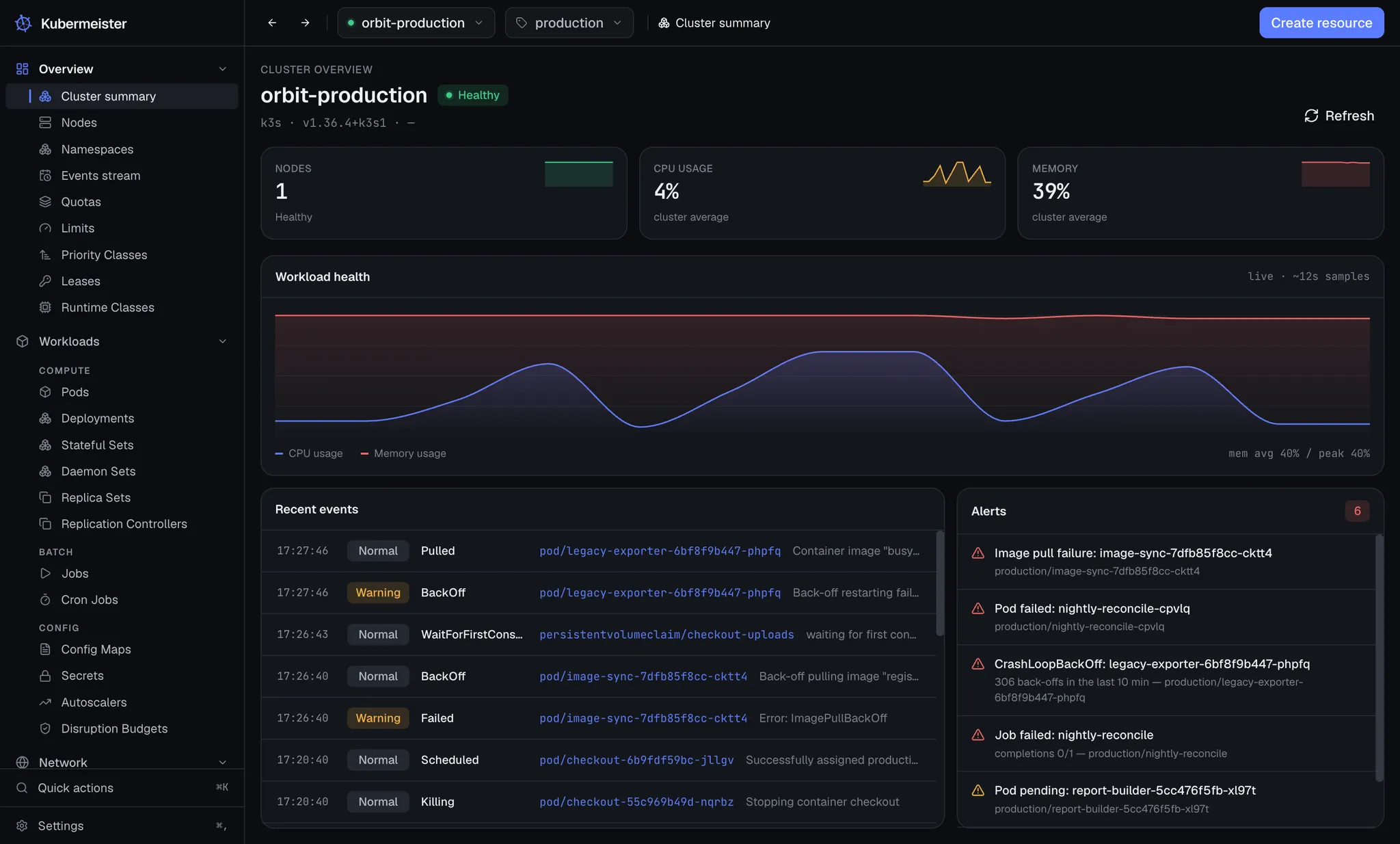 The Kubermeister cluster summary: node health, cluster CPU and memory usage charts, recent events and alerts.